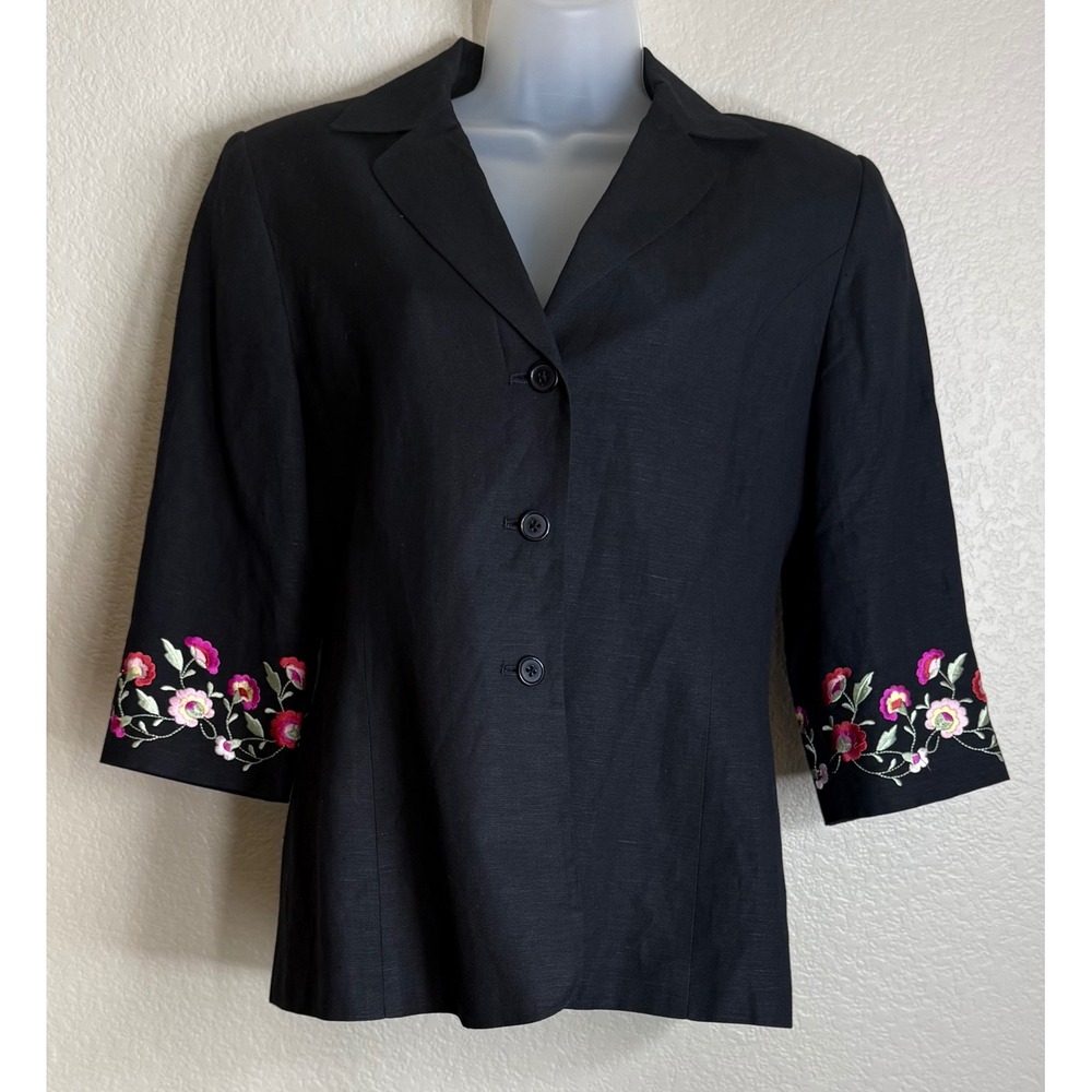 Dressbarn Womens S Black Linen Blend Blazer Floral Embroidered 3/4 Sleeve Jacket